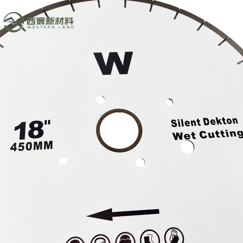 450mm Dekton saw blade — close-up of silent core and welded diamond segment